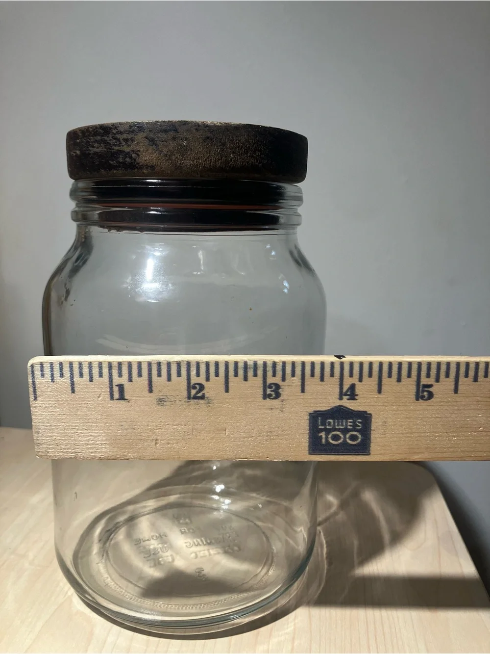 Vintage Anchor Hocking Clear Glass Kitchen Storage Jar with Dark Brown Wood Lid